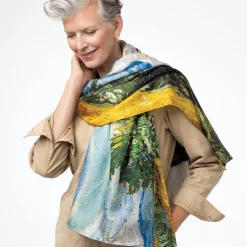 Best The Met Store Van Gogh Wheat Field with Cypresses Oversize Oblong Silk Scarf